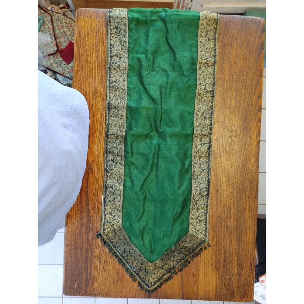 CPK Brand Cotton & Silk Blend Table Runner Green/Gold & Glass Beads 70x14"